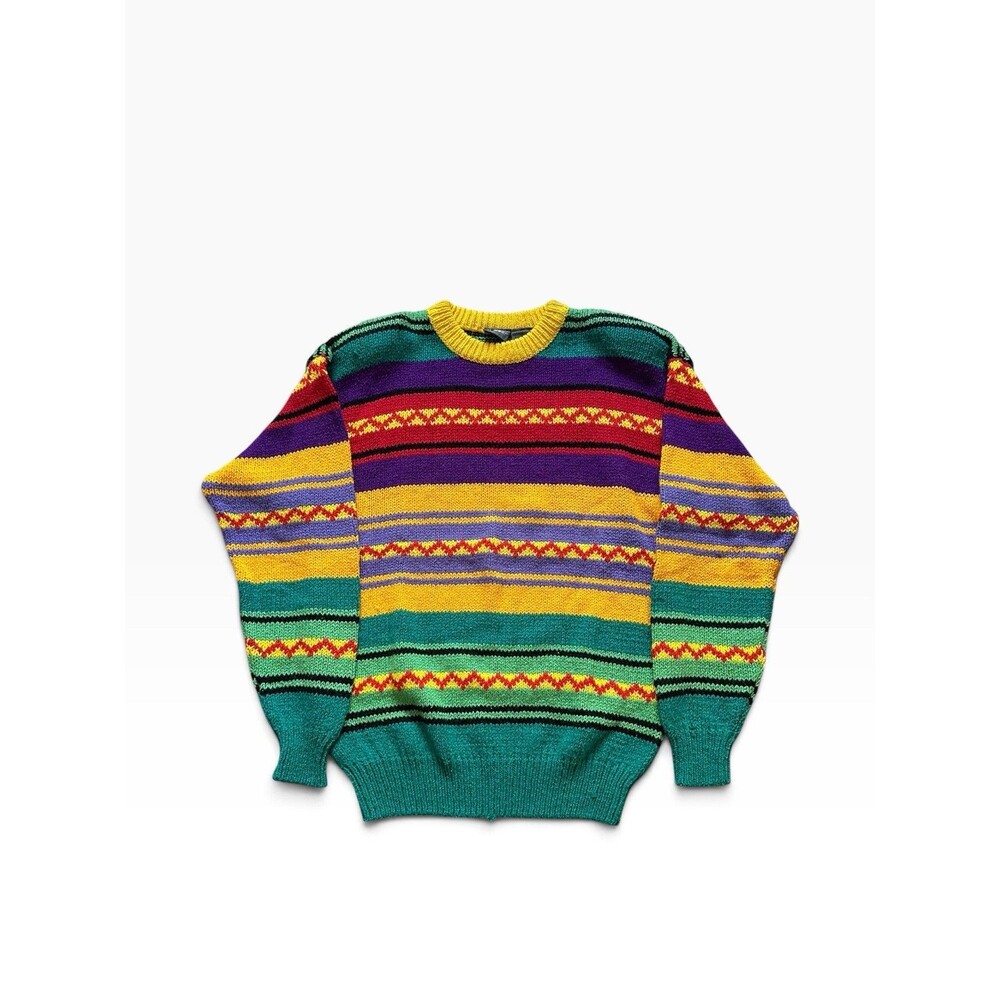 Vintage Liz Wear Striped Knit Sweater Women's Small 90s Colorful Retro Abstract